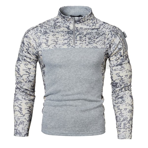 Mænds Patchwork Camo Langærmet Zip Mock Neck T-shirt Sports Tops Light Grey L