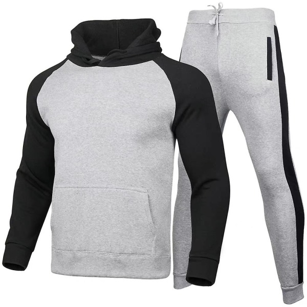 Mænds Hættetrøje med Hætte + Lange Bukser Sports Jogging Sweatshirt Outfit Sæt Light Gray Black XL