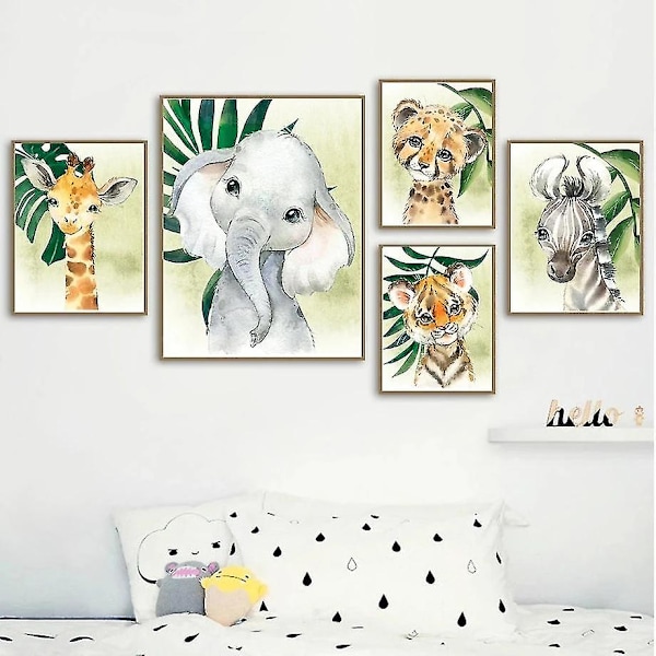 6 Plakater Skovdyr Baby Børn A4 Plakat Elefant Løve Giraf Zebra Tiger Billeder Soveværelse Dekoration Uindrammet