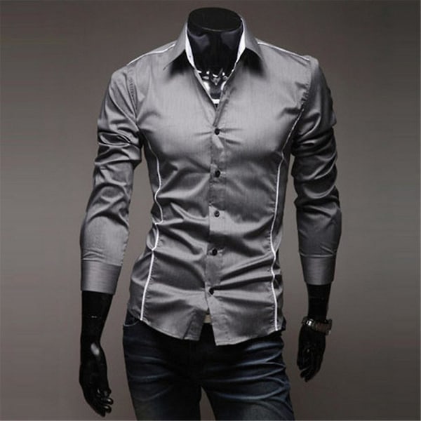 Herreskjorter Langærmede Business Slim Fit Casual Button Shirts Toppe Gray M