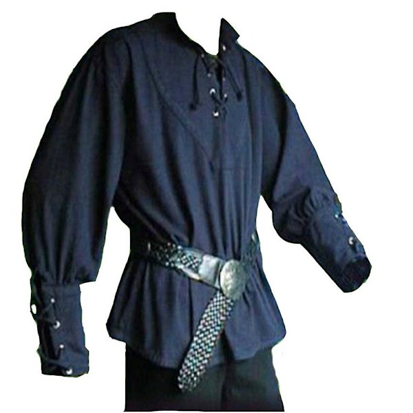 Mænds Middelalderlig Retro Pirat Kostume Langærmet Bluse Skjorte V-Hals Snøre Skjorte Topper Blue XL