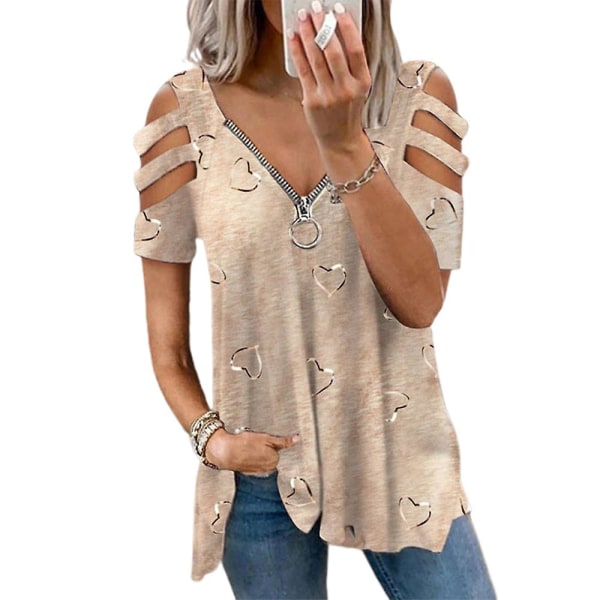 Women T-shirts Zip V-neck Short Sleeve Loose Tops Khaki 3XL