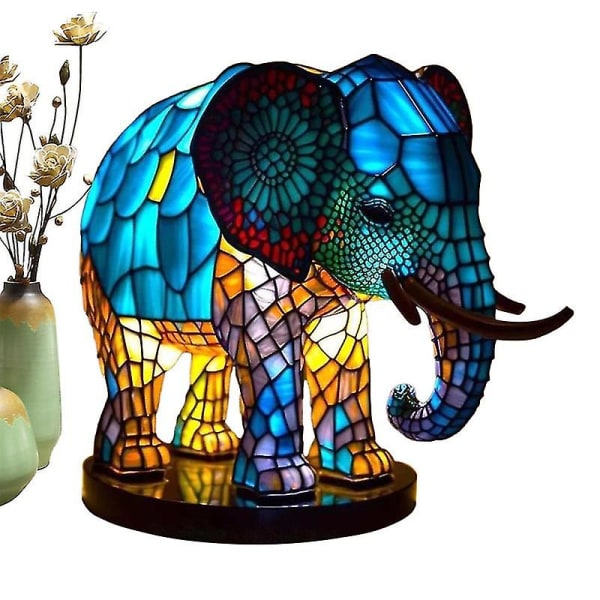 Elefant Dyrelampe Fargerik Harpikslampe Kompatibel med Tiffany Lampe Bordlampe -ES kitten