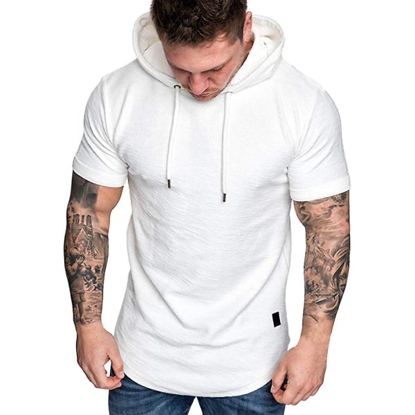 Herrar Enfärgad Kortärmad Huvtröja Sommar Casual Sport Hoodies Toppar White 2XL