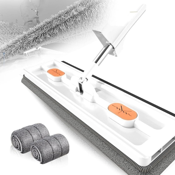 Stor Platt Moppset, 360° Swivelmopp med Urvridningsfunktion, Platt Mopp med Återanvändbara Mikrofibermoppdynor Kompatibla med Trägolv Laminatplattor -hg White Mop with 2 Pads