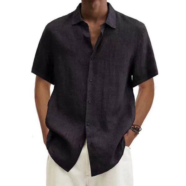 Herreoverdele Ensfarvet kortærmet casual skjorter Sommer skjorte med knapper Black L