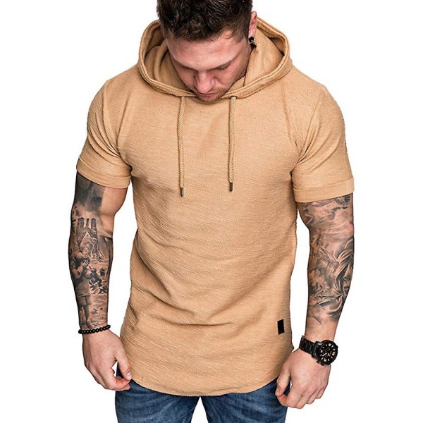 Mænds Almindelig Kortærmet Hættetrøje Sommer Casual Sports Hoodies Tops Khaki L