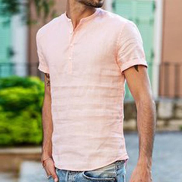 Mænds Henley Skjorte Kortærmet Skjorte Sommer Tops Pink XL