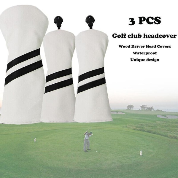 Golf Headcover Pu Läder Vattentätt trä Driver Head Cover Sleeve 3st/ set White