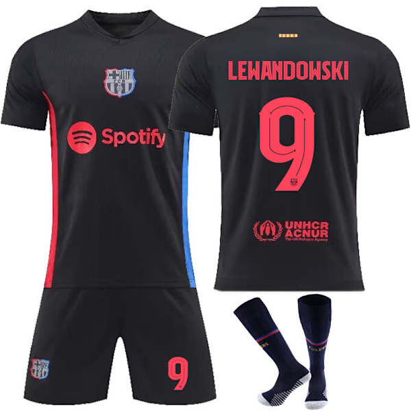 2425 Barcelona borte svart drakt fotballuniform sett-Lewandowski+sokk 24(130-140cm)