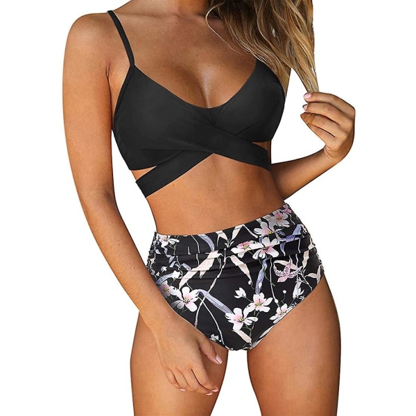 Dam Bikinitop med Korsband, Push-Up, Magkontroll, Halter, Högmidjad Bikini, Tvådelad Baddräkt Black Floral-1 X-Large