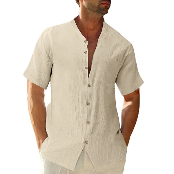 Mens Summer Stand Collar Shirts Kortärmade Button Shirts Holiday Toppar Apricot 3XL