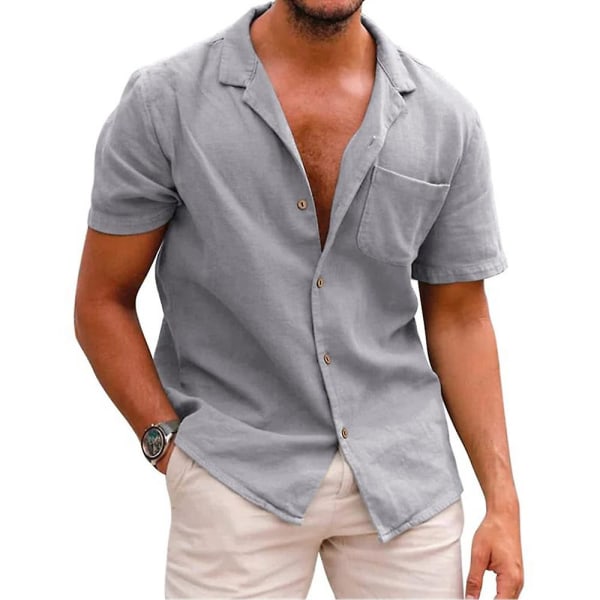 Mens Summer Lapel Shirts Kortärmade Button Shirts Holiday Casual Toppar Grey L