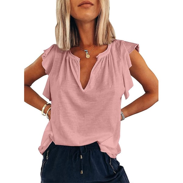 Dam Tanktop med Volang och V-ringning, Sommar, Ärmlös Blus Pink M