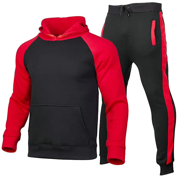 Män Hooded Pullover Toppar + Långa Byxor Sport Jogging Sweatshirt Outfit Set Black Red XL