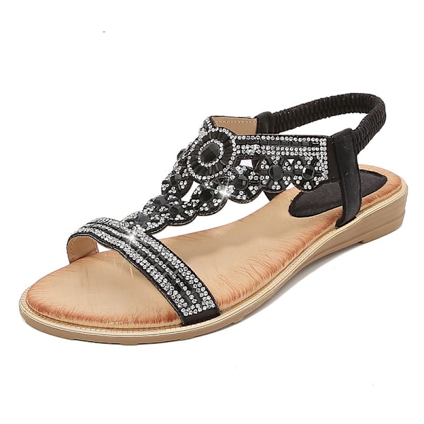 Bohemiska sandaler för kvinnor 2025, platta med strass, eleganta, bekväma och trendiga Black 37