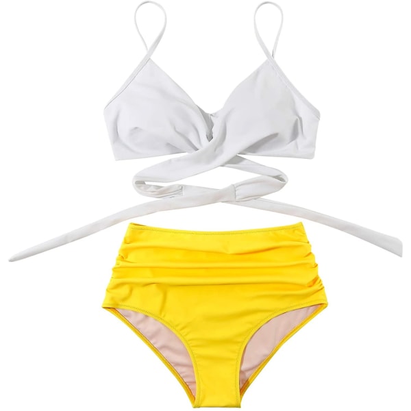 Naisten Criss Cross Push Up Swim Topit Tummy Control Halter Bikinit Korkeavyötäröiset uimapuvut Kaksiosaiset uimapuvut White Yellow XX-Large