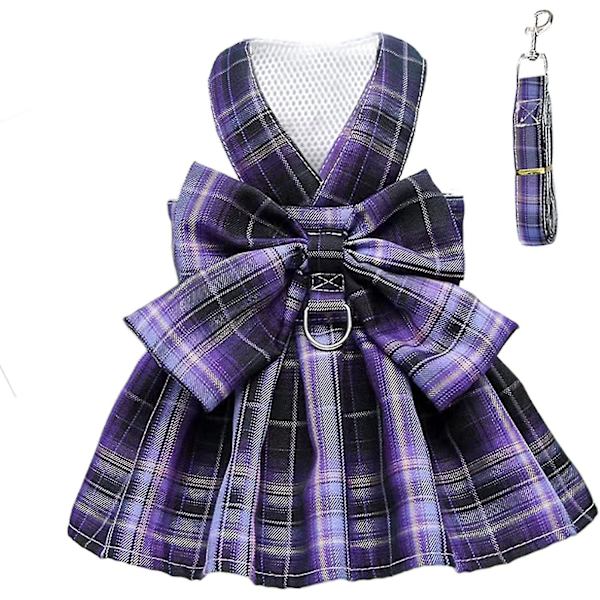 Ruudullinen koiran mekko rusetti koiran vaatteet tytöille säädettävät pentujen kesämekot hihnalla Lemmikkivaatteilla, yhteensopiva kissojen kanssa -ES Purple L