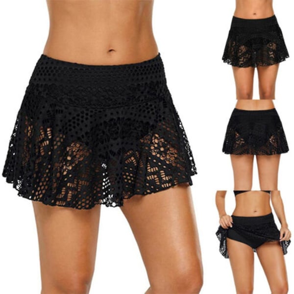 Badedrakt for kvinner, blonde- og heklet skjørt-bikini-bunn, kort skort, svømmeskjørt, badekostyme for kvinner Black L