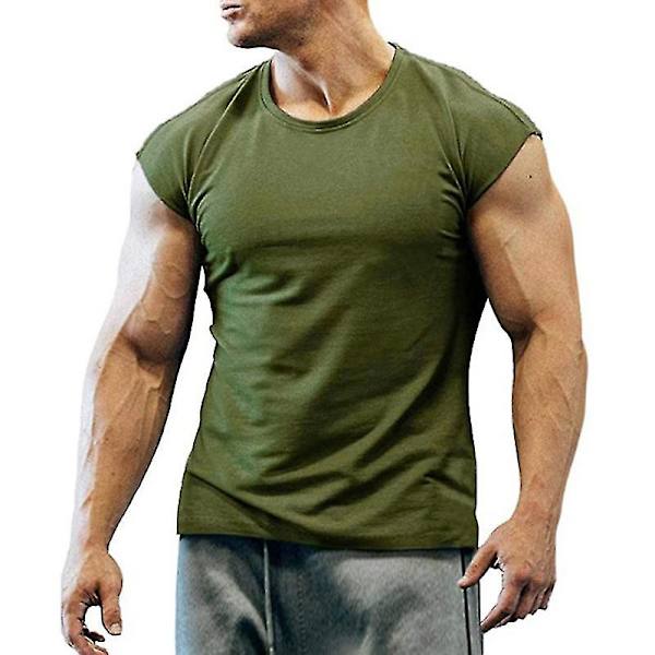 Miesten kesä T-paita Kuntosali Urheilu Tee Hihaton Liivi Topit Army Green XL