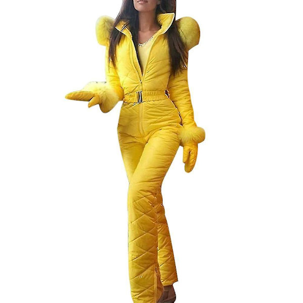 Dam Vinter Varm snödräkt Utomhussport Byxor Skiddräkt Vattentät Jumpsuit -ES Yellow 2Xl