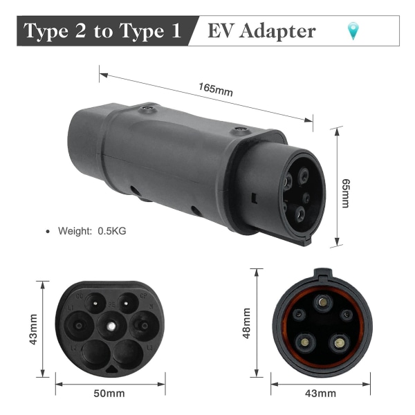 Adapter Iec 62196 2 Till J1772 Typ 1 Elektrisk laddning Fordonsladdare Ena sidans kontakt Charing S Black