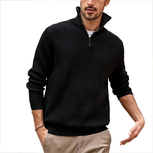 Menn Lang Ermet Zip Polo Skjorte Casual Pullover Topper Black M