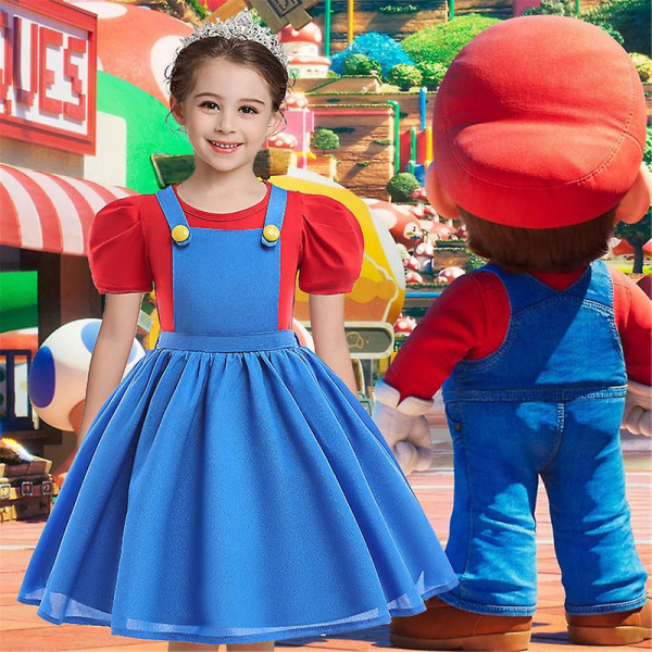 3-8 år Børn Piger Super Mario Cosplay Kostume Fancy Dress Up Halloween Karneval Festkjole Gaver 5-6 Years