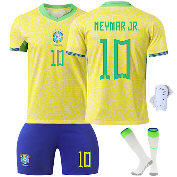 24-25 Brasilien hemmatröja kortärmad fotbollströja set+strumpa+skyddsutrustning-Neymar 18(100-110cm)