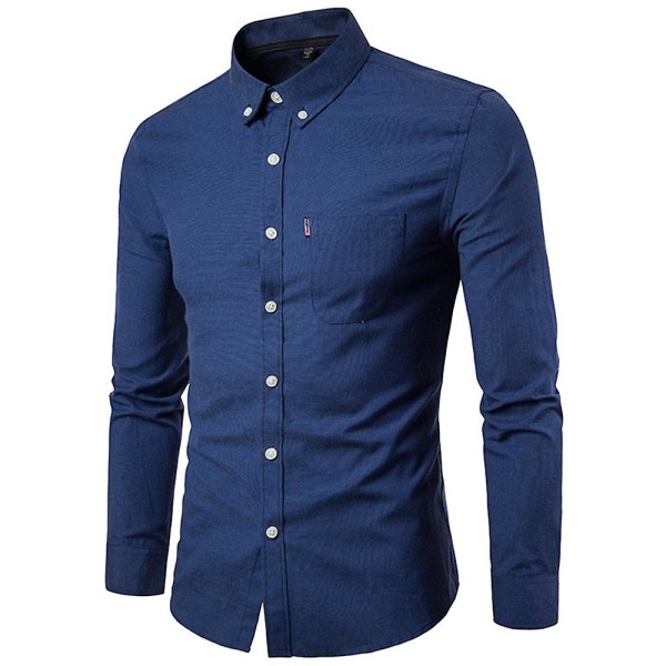 Mens Plain Lapel Neck Buttons Down Långärmad Formell Skjorta Toppar Navy Blue 3XL
