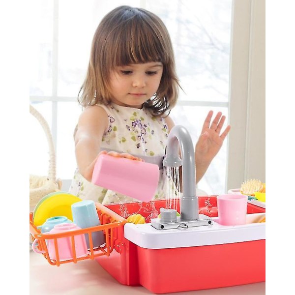 28stk Kjøkkenvask Leker Barn Elektrisk oppvaskmaskin Leketøy Automatisk vannsyklussystem red