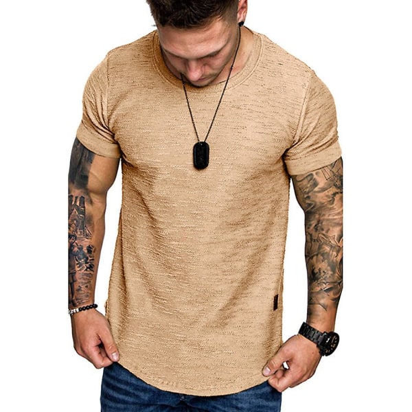 Menn Plain T-skjorter Korte Ermer Rund Hals Casual Sports Tee Skjorter Sommer Topper Khaki 3XL