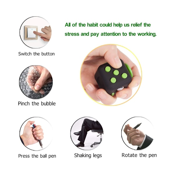 Fidget Stress Cube - [1 styck] Nervös Finger Distraktionsleksak [Svart, Grön]