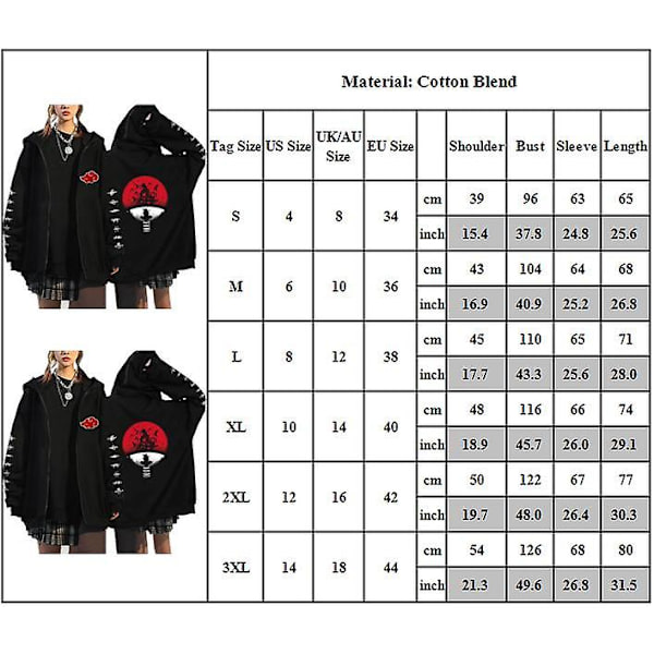 Naruto hættetrøjer Voksne Mode Afslappet hættetrøje med lynlås Jakke frakke Overdele Gaver 2XL