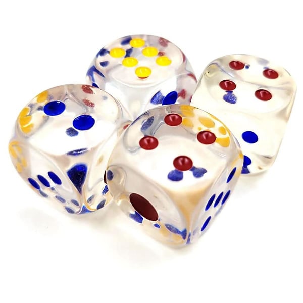 25 mm jumbo med färgade prickar, 6-sidigt transparent, sexsidigt spel
