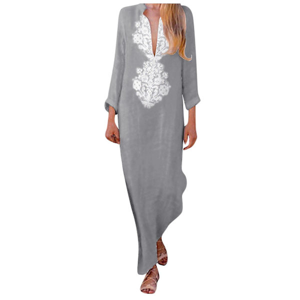 Printed långärmad klänning med V-ringad klädd fåll Baggy Kaftan lång klänning Gray XXL