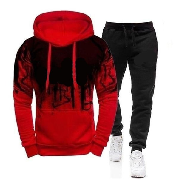 Herre Fitness Langermet hette Genser+langbukser Sports Sweatshirt Outfit Set Red XL