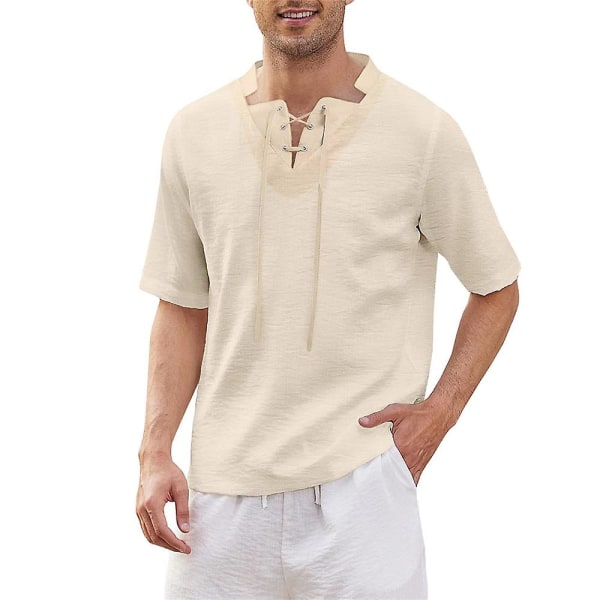 Herreoverdeler Vanlig kortermet sommer T-skjorte med snøring i halsen Khaki XL