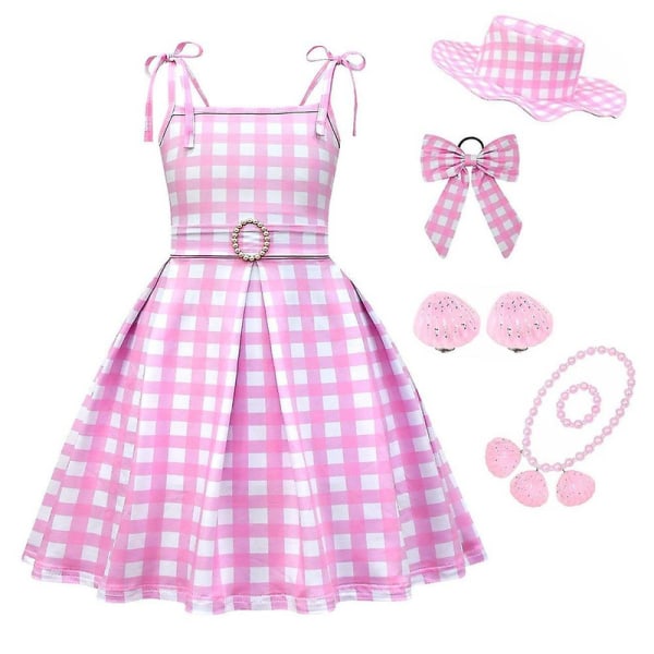 4-9 Years Kids Girls Barbie Pink Power Dress Cosplay Costume Plaid Sleeveless With Accessories Gifts 7-8Y