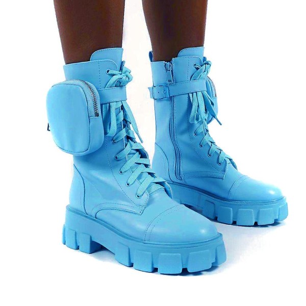 Kvinnor Combat Ankel Boots Chunky Platform Snörning Zip Biker Skor -ge Light Blue 42