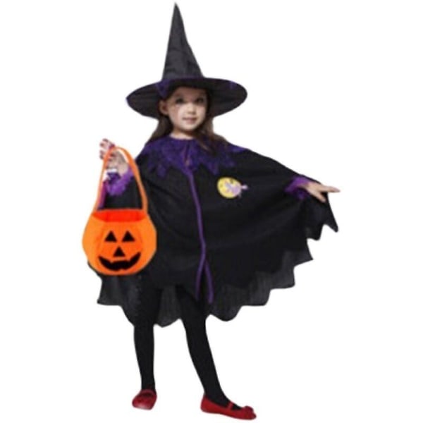 Barn Jenter Witch Cosplay Halloween Fest antrekkssett Gaver-Cape Hat Pumpkin Bag 100cm