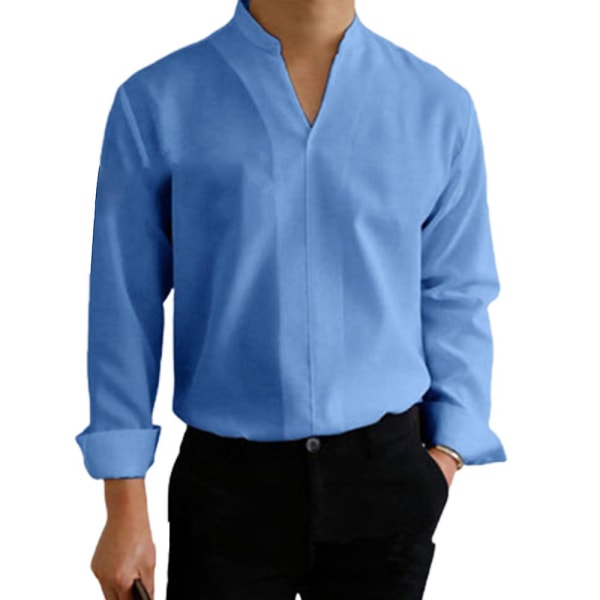 Mens Stand Up krage V-hals skjorte Uformell langermet solid formelle topper Blue 2XL