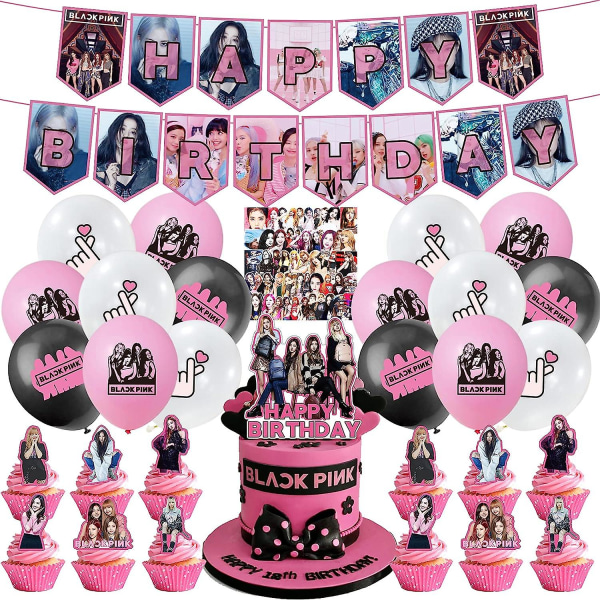 102st Svart Rosa Födelsedagsdekorationer Svartrosa Flicktillbehör Inkluderar födelsedagsbanner, Cake Topper, Cupcake Toppers, Ballonger, Stickers For B