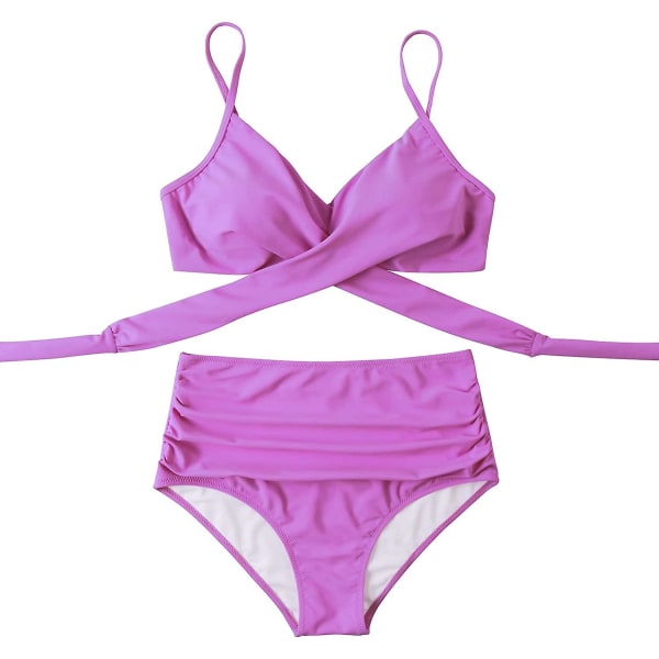 Dame Criss Cross Push Up Badedrakt Topper Magekontroll Halter Bikini Høy Livet Badetøy Todelt Purple XX-Large