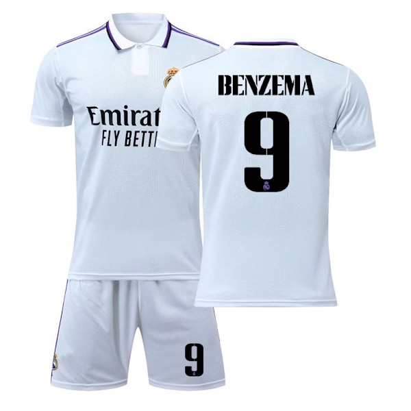 22-23 Real Madrid hjemme hvid Benzema trøje fodbold uniform sæt 22(120-130cm)