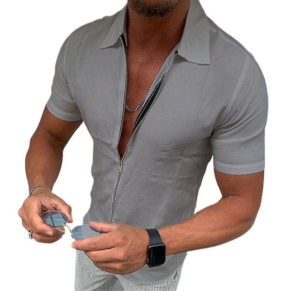 Heren Slim Fit Shirts Zip Up Shirt Tops Grey L