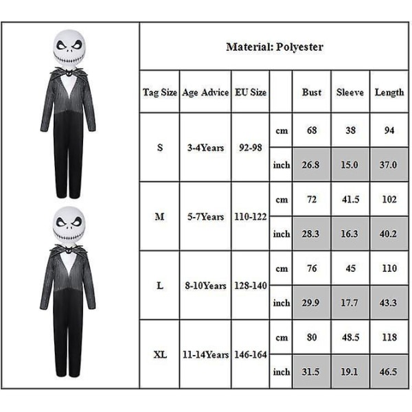 3-14 år Barn Halloween Nightmare Jack Skellington Cosplay Jumpsuit med mask 3-4 Years