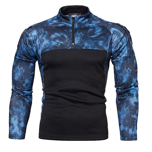 Herr Patchwork Camo Långärmad Zip Mock Neck T-shirt Sport Toppar Black L