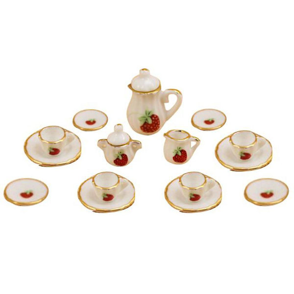 Farfi 15st/ set Dockhus Miniatyr Keramik Blommig Tekanna Kopp Fat Bestick Leksak Strawberry