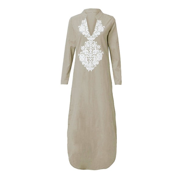 Kvinnors Tryckt Långärmad V-ringad Klänning Split Hem Baggy Kaftan Långklänning Khaki XL